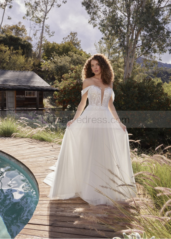 Off Shoulder Beaded Ivory Lace Tulle Flowing Wedding Dress